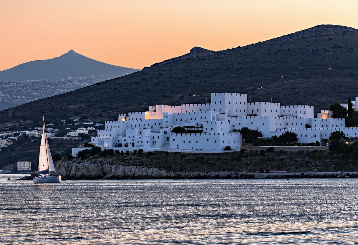 Gün batımında Bodrum körfezi, yamaçlarda beyaz küp evler ve kale silueti