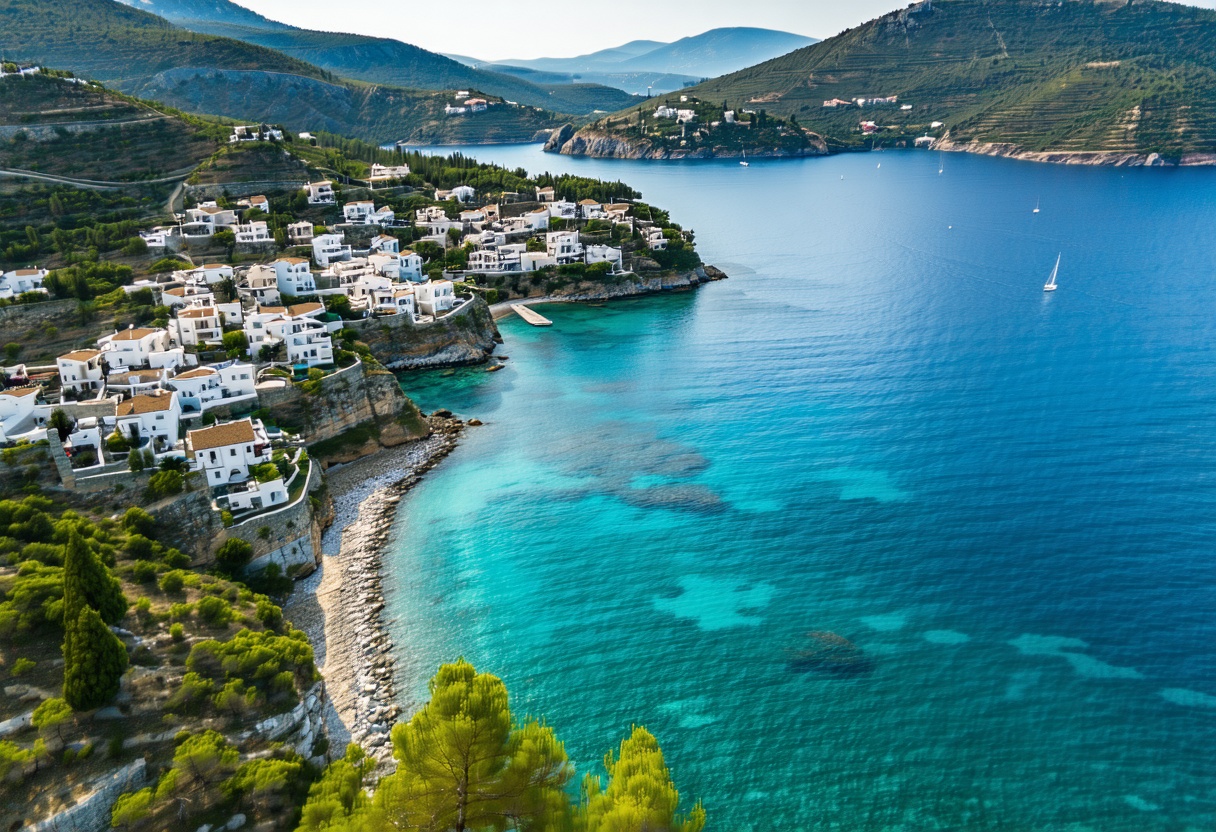 Muğla kıyısında çam ormanlı tepeler ve turkuaz koylar, havadan görünüm