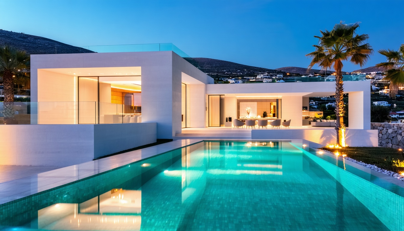 Geometrik havuzlu, beyaz küp mimarili modern Bitez villası